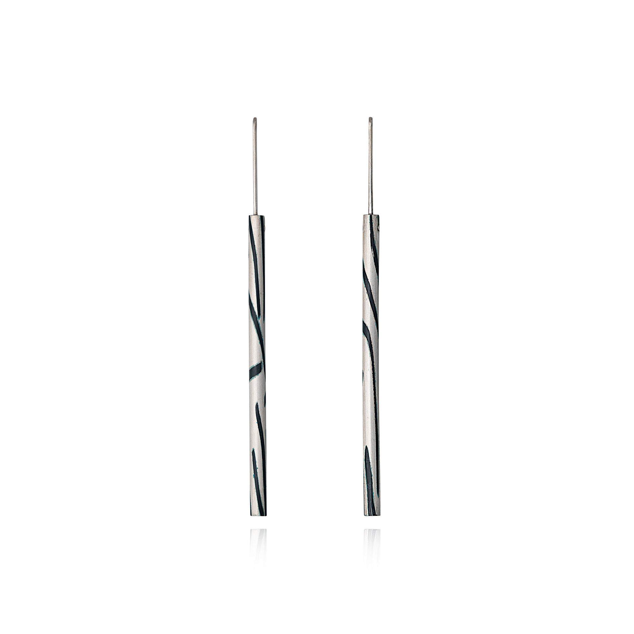 Pair of Long Drop Silver, Black and Green Inlay Earrings